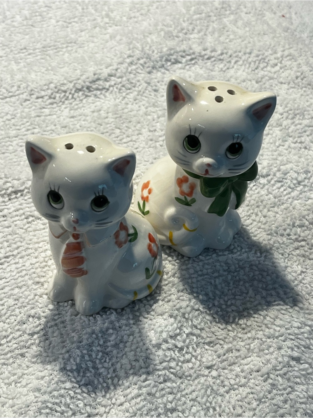 White Ceramic Cat Salt and Pepper Shaker Set with Floral Accents